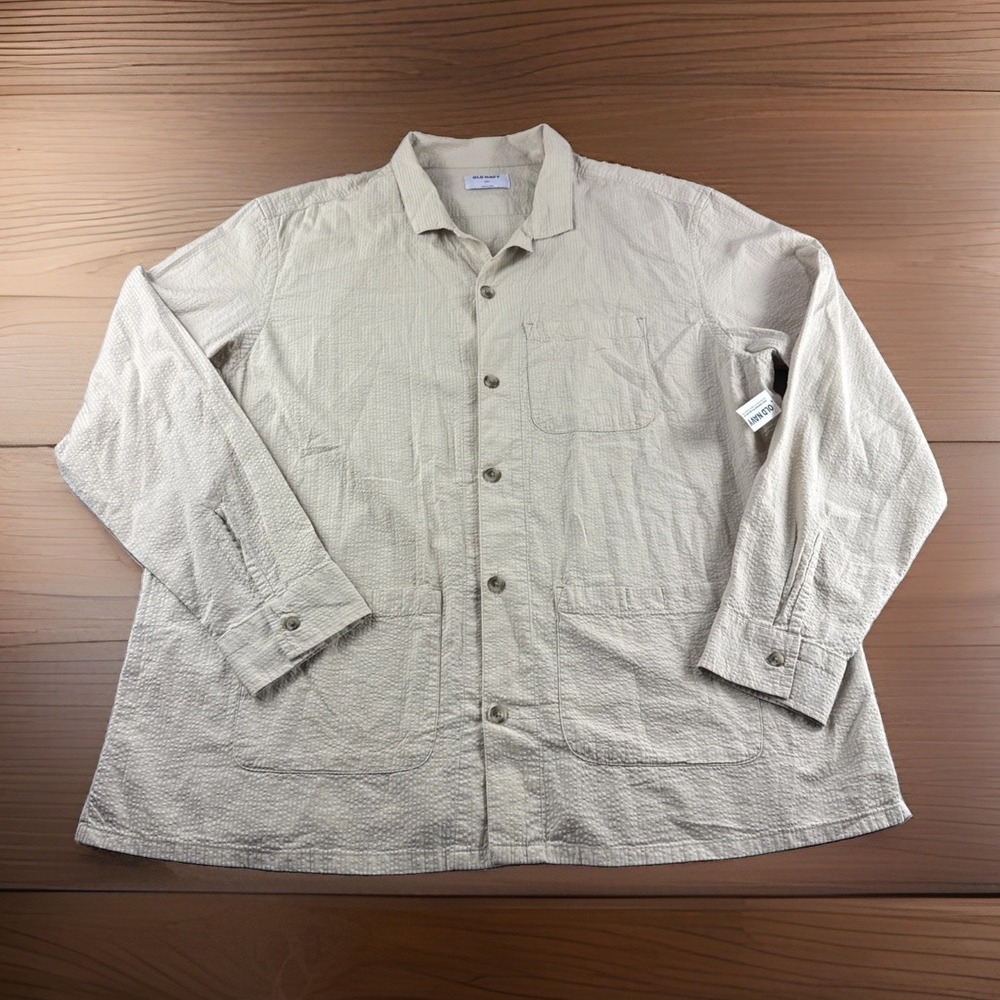 Old Navy Seersucker Chore Shirt Mens XXL Beige Striped Long Sleeve Camp Collar